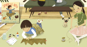 Cover of Sparkle Boy in front of spread from the book showing the siblings on the floor of the living room. The brother wears a sparkly skirt and makes a crown, while the sister wears a pink skirt and beads a necklace.