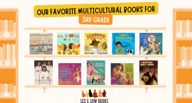 Graphic with words "Our Favorite Multicultural Books for Third Grade" and 10 children's picture book covers on shelves with orange bookshelves on the sides and the Lee & Low logo on the bottom.