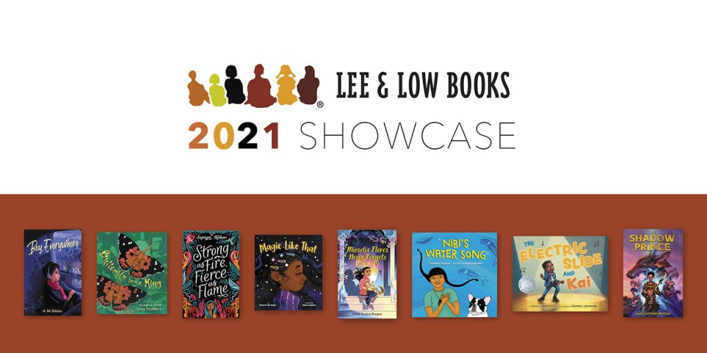 Lee & Low Books 2021 Showcase with book covers against a mahogany background