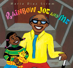 Cover of Rainbow Joe and Me showing a young child on the left and an older man with sunglasses and a cane on the right sitting on front steps