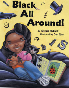 Cover of Black All Around shows illustration of girl on a beanbag chair with a book open next to her and black objects floating around the air