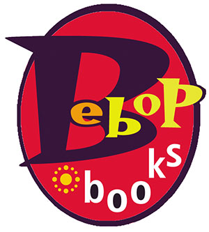 Bebop Books logo with large B and smaller letters for ebop books against red oval backdrop