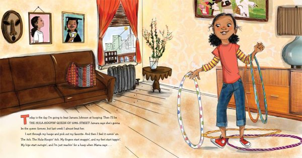 Interior spread #1 for The Hula-Hoopin' Queen by Thelma Lynne Godin and Vanessa Brantley-Newton