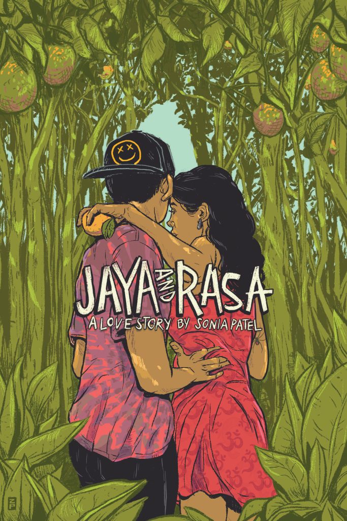 Cover of Jaya and Rasa, showing a young couple huddle close in between stalks of tall green plants. There is a tiny gap of blue sky peeking out in the field of green around them.