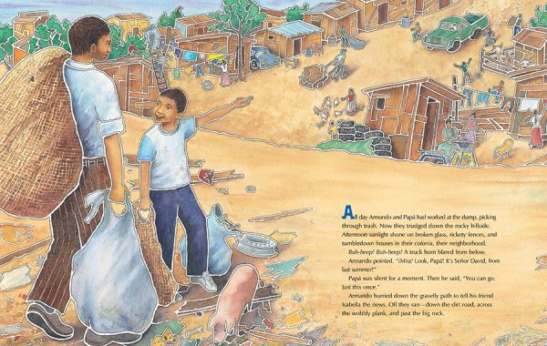 Interior spread #1 for Armando and the Blue Tarp School by Edith Hope Fine; Judith Josephson and Hernán Sosa