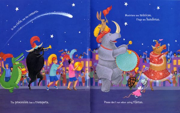 Interior spread #2 for Say Hola to Spanish Otra Vez (Again!) by Susan Middleton Elya and Loretta Lopez