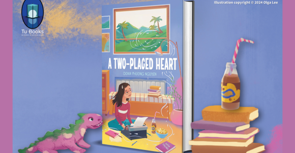 Purple graphic with the cover of A Two-Placed Heart, a dinosaur stuffed animal, and a stack of books with a soda and straw on top.