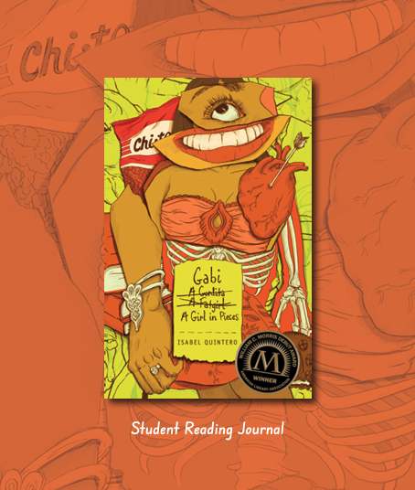 Cover of Gabi, A Girl in Pieces, in front of orange background with outlines of book's cover art and title 