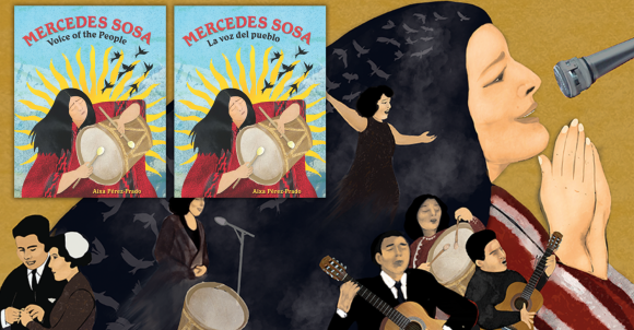 Mercedes Sosa art showing her singing and musicians smaller in her hair with the book covers in English and Spanish.