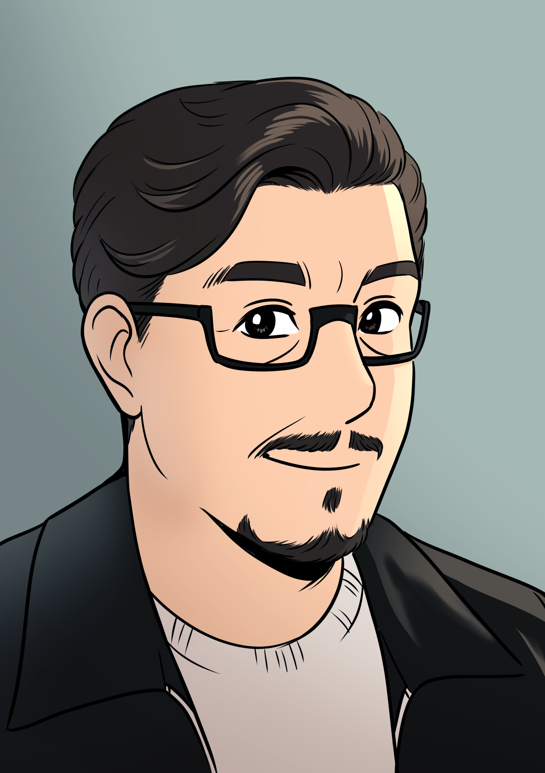 David Bowles illustrated headshot wearing a grey shirt, black jacket, and glasses