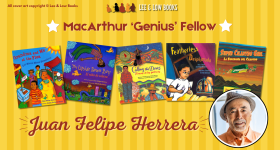 Yellow striped header "MacArthur ‘Genius’ Fellow Juan Felipe Herrera" with book covers and author photo