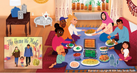 Art from The Home We Make showing people of many ethnicities having an indoor picnic