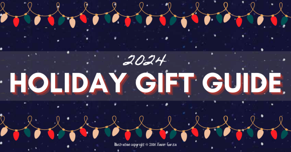 Dark blue sky background with white stars and a strand of red, green, and white lights above and below centered text that reads "2024 Holiday Gift Guide, Illustration." Small note at the bottom reads "Copyright 2008 Xavier Garza."