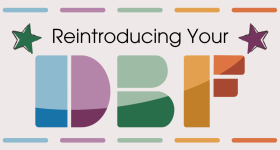 "Reintroducing Your DBF" with multicolored logo, stars on each side, and a light pink background