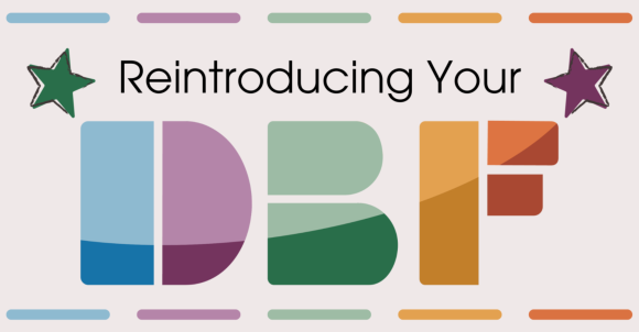 "Reintroducing Your DBF" with multicolored logo, stars on each side, and a light pink background