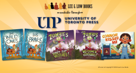 Orange background with stripes emerging from the center of the graphic. Text at the top reads, "Lee & Low Books Available Through University of Toronto Press." Below are the book covers for the English and Spanish editions of Zombies Don't Eat Veggies! by Megan & Jorge Lacera; the English and Spanish editions of The Wild Ones by Megan & Jorge Lacera; and Connor Kissed Me by Zehava, illustrated by Sarah K. Turner. All cover art copyright © 2024 Lee & Low Books.