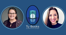 A photo of former Tu Books publisher Stacy Whitman sits to the left of the Tu Books imprint logo, while a photo of Senior Executive Editor of Novels Elise McMullen-Ciotti sits to the right of the logo.