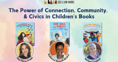 "The Power of Connection, Community, Civics Webinar" with Mercedes Sosa, She Was the First!, and Edie for Equality book covers above Aixa Pérez-Prado, Katheryn Russell-Brown & Michael Genhart headshots in front of a rainbow pastel background