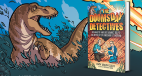 The book cover for The Doomsday Detectives sits against the cover illustration featuring a T-Rex running from an oncoming meteor. Illustration copyright © 2025 Theo Nicole Lorenz.